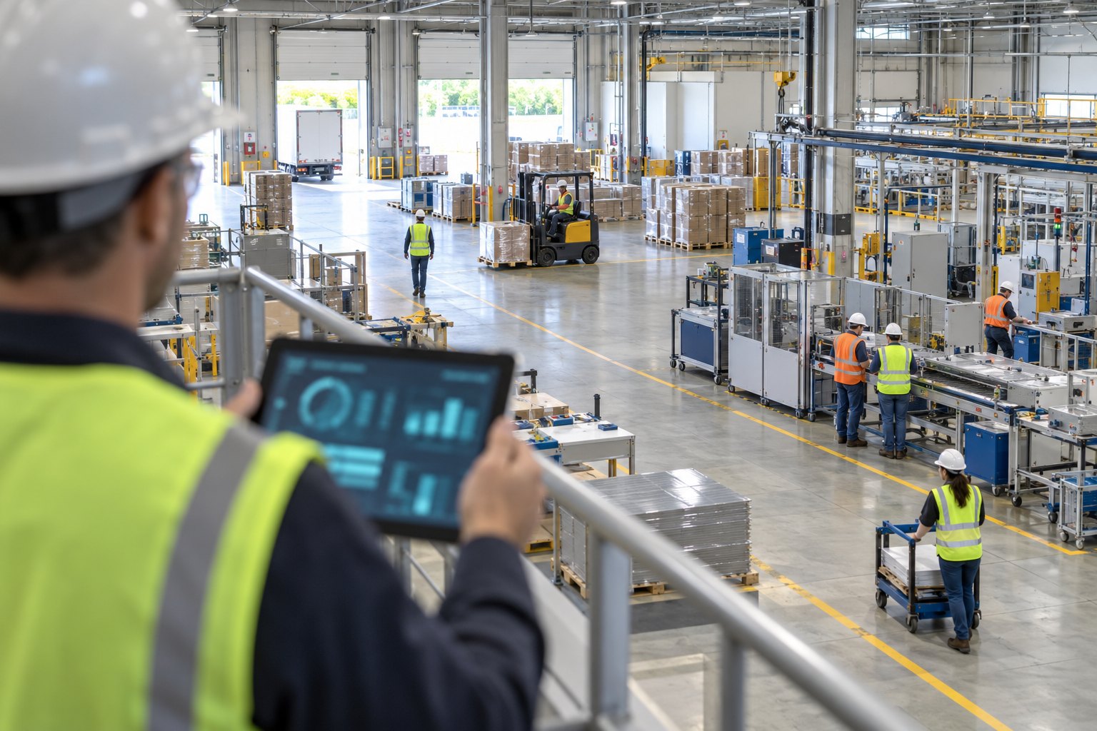 An operations leader using X3 Sentinel on a tablet on a raised mezzanine walkway