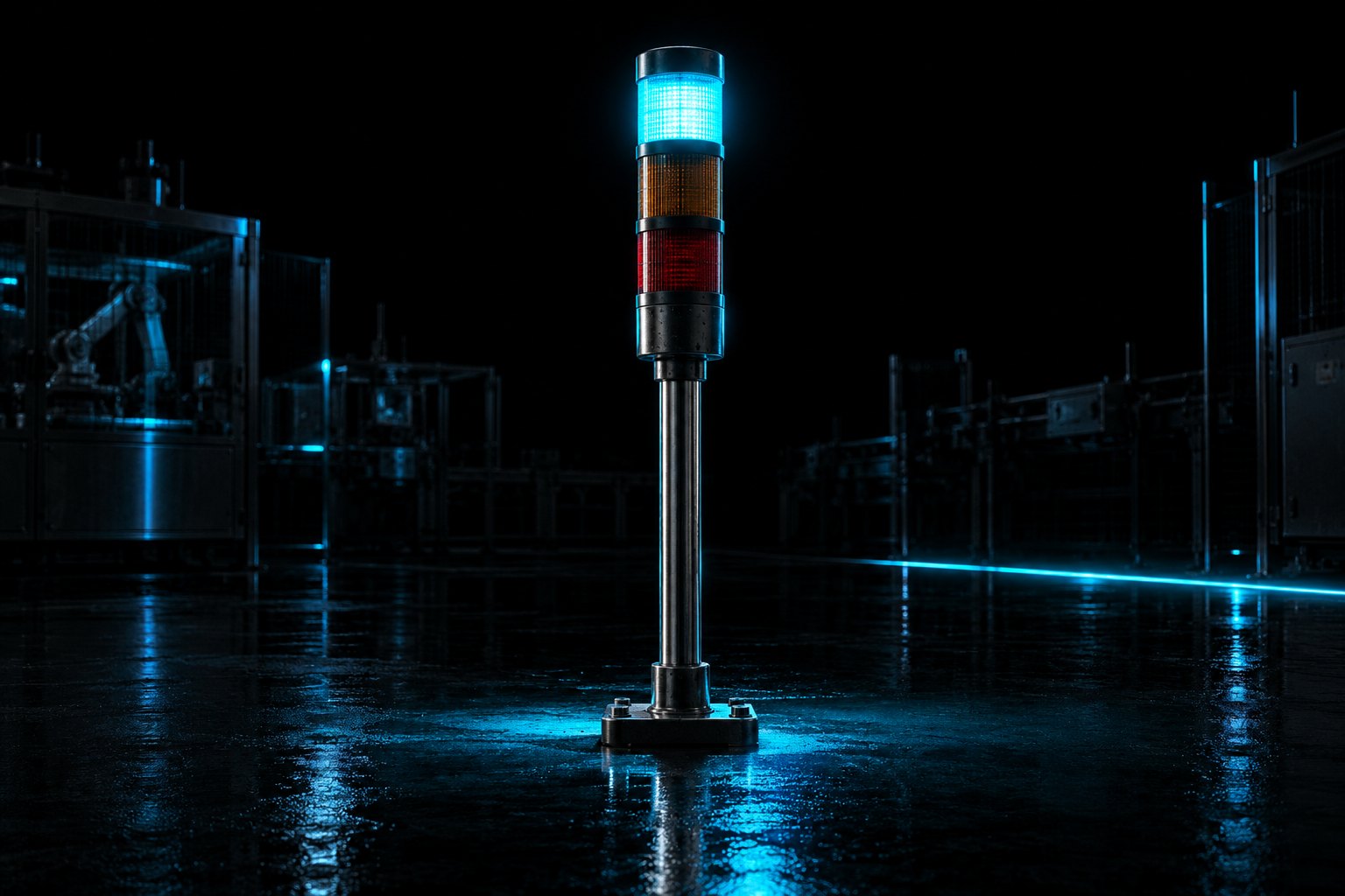 A tall industrial signal tower light, the stacked-lens kind mounted on machines, standing alone on a slim steel pole on the black floor