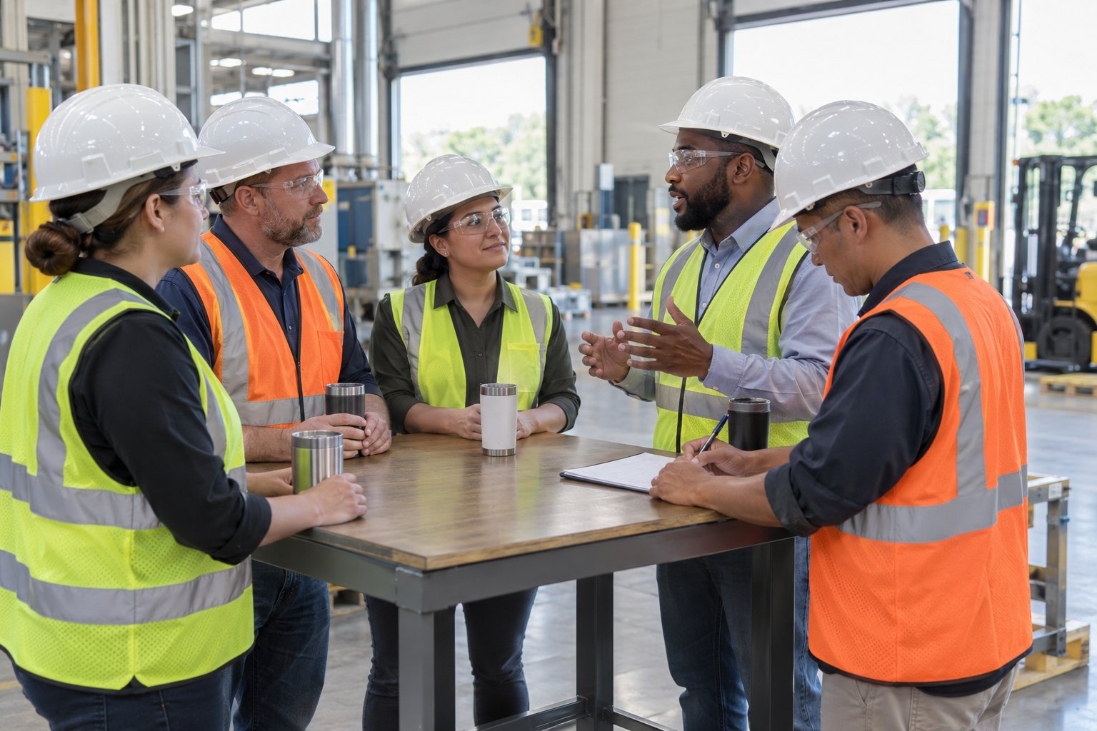 A Monday morning leadership stand-up: five people standing around a tall table in a bright room beside the plant floor, coffee cups on the table, one page of notes in the middle