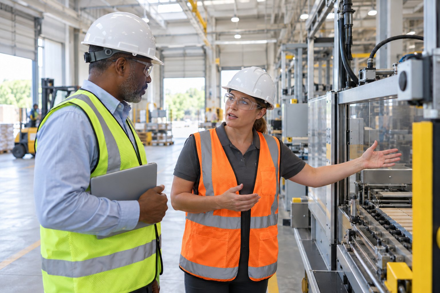 An operations leader out on the plant floor, tablet tucked under one arm, talking face to face with a line supervisor beside a piece of equipment