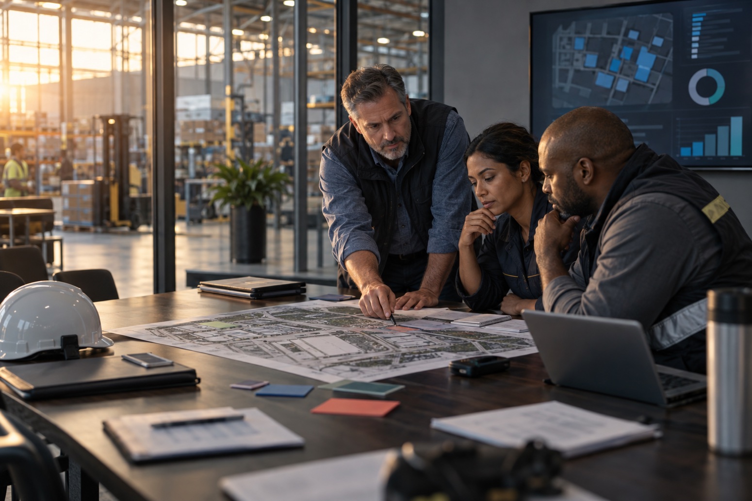 Three safety and operations leaders leaning over a site plan at a table, with a wall display of plant signals behind them