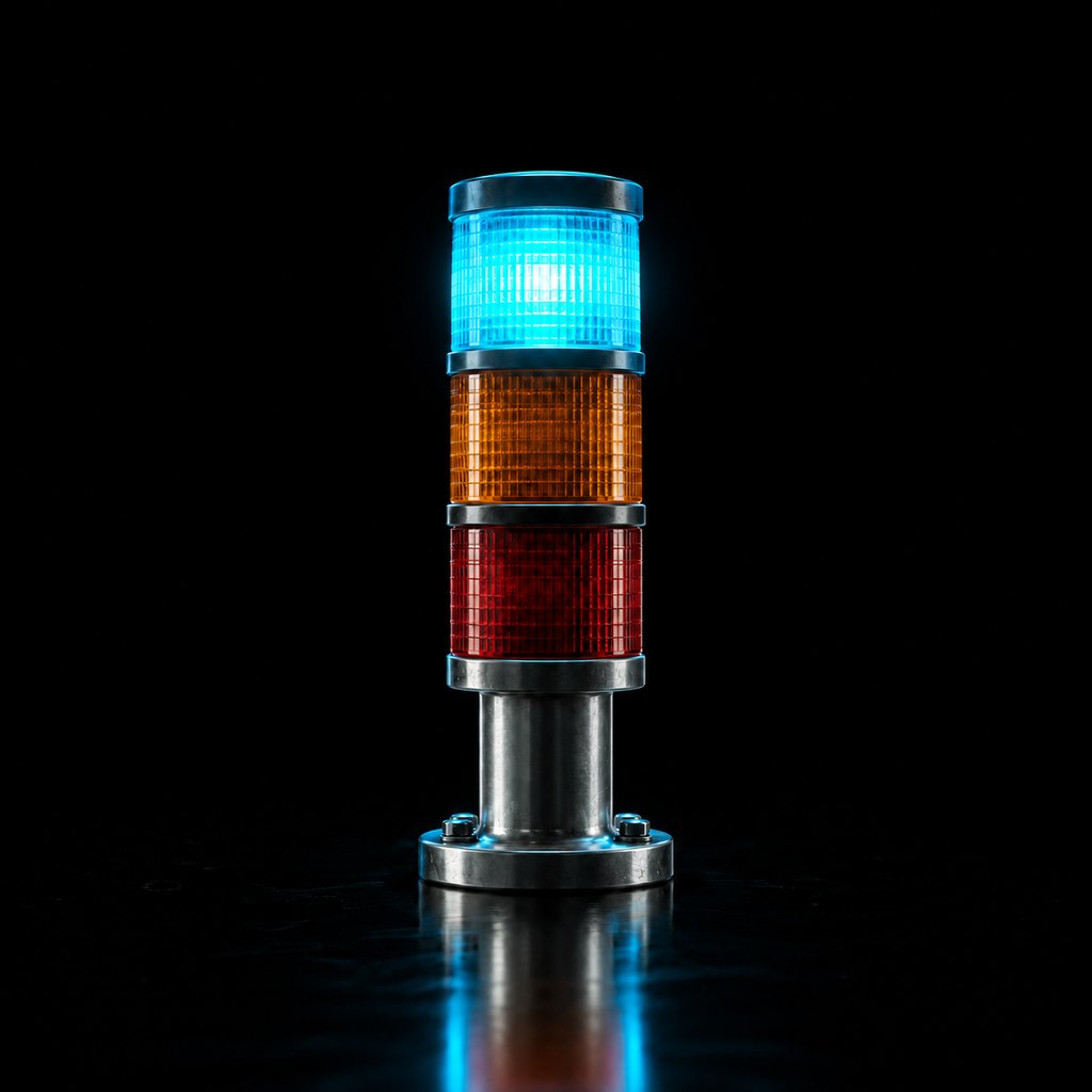 A single industrial signal tower light with three stacked lenses on a short steel base, only the top lens lit and glowing cyan